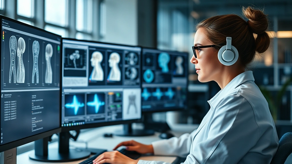 Health tech professional woman working at computer with medical imaging software, modern startup office, data visualization on multiple monitors, innovative healthcare technology environment