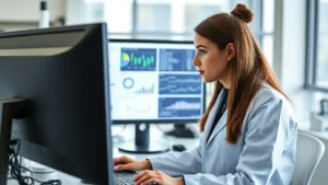 Professional woman epidemiologist in modern laboratory wearing white coat, analyzing disease data on multiple computer screens, serious focused expression, natural window lighting, contemporary research facility