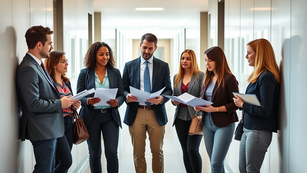 Diverse public health professionals in government building hallway reviewing health policy documents, collaborative discussion, professional business casual attire, morning natural light, modern office environment