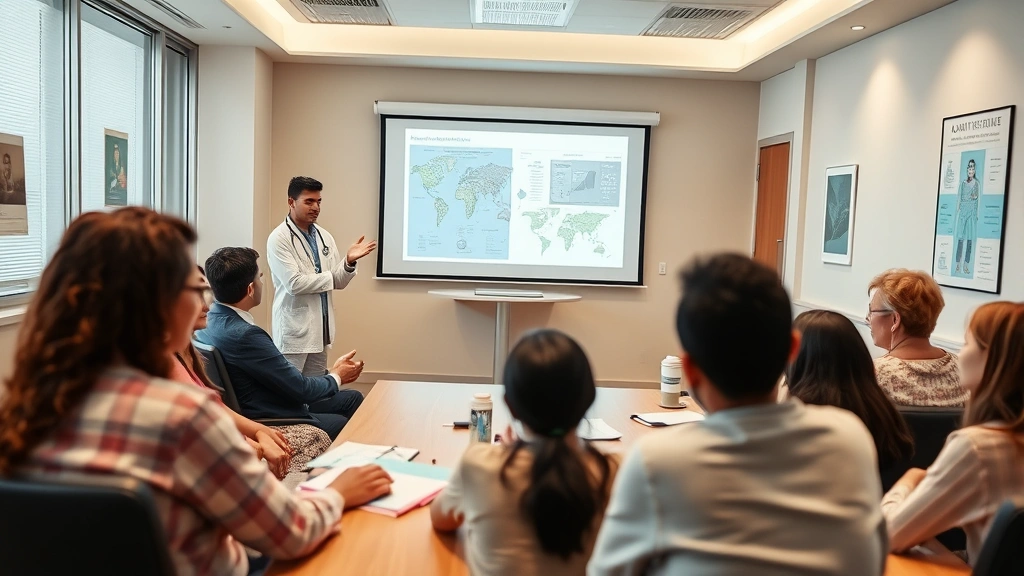 Young healthcare administrator in hospital meeting room presenting to community health team, projecting data visualization, diverse group engaged and listening, warm professional atmosphere, modern clinic setting