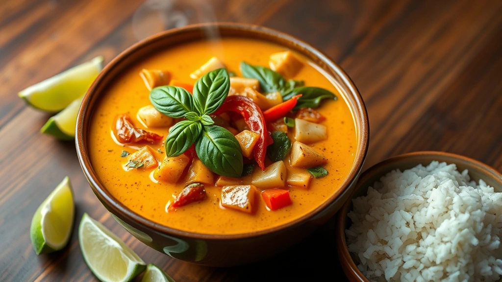 Vibrant Thai curry bowl with turmeric-golden sauce, fresh basil garnish, and colorful vegetables steaming, served on wooden table with lime wedges and jasmine rice beside it