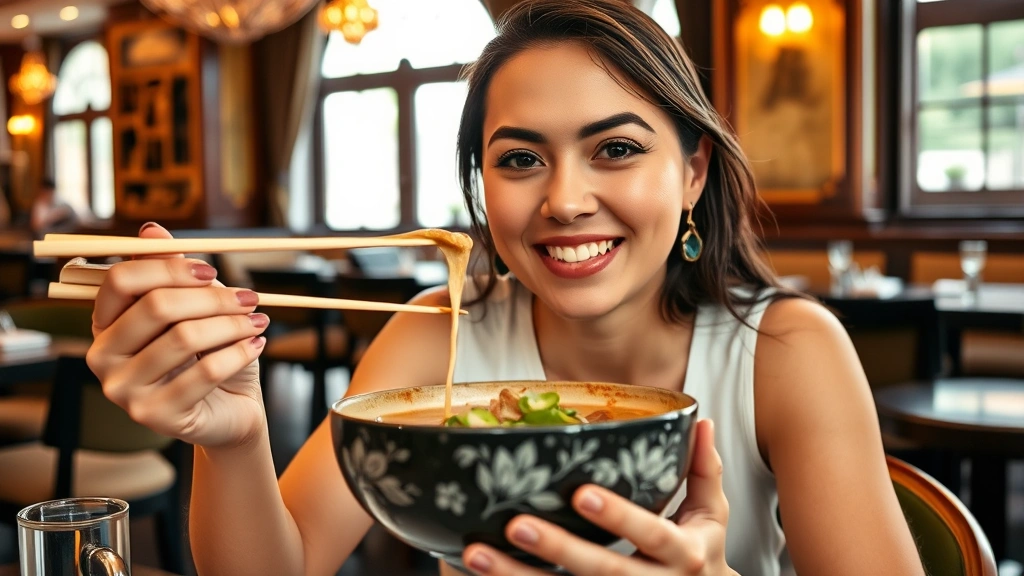 Woman enjoying Thai soup at elegant restaurant, holding chopsticks with satisfied expression, bowl of aromatic broth with herbs visible, bright natural lighting through windows