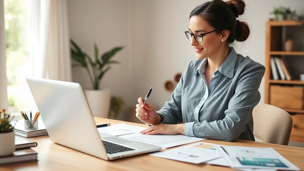 Professional woman reviewing health insurance documents at home desk with laptop, holding pen, organized files, natural daylight, calm workspace, authentic lifestyle photography