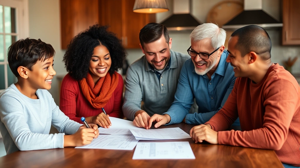 Diverse family of four having healthcare discussion at kitchen table, reviewing insurance paperwork together, smiling, warm lighting, genuine moment, relatable household setting