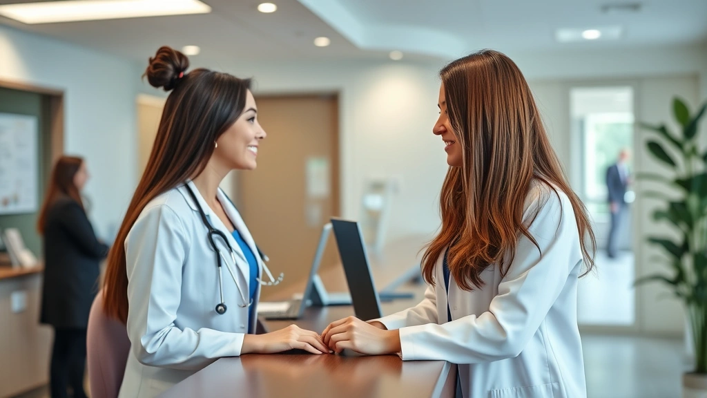 Young professional woman at doctor's office reception desk, checking in with friendly staff member, modern healthcare facility interior, welcoming atmosphere, real-world medical scenario