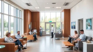Modern healthcare facility with bright, welcoming reception area, comfortable seating, natural lighting, diverse patients and staff, clean contemporary design, calm atmosphere