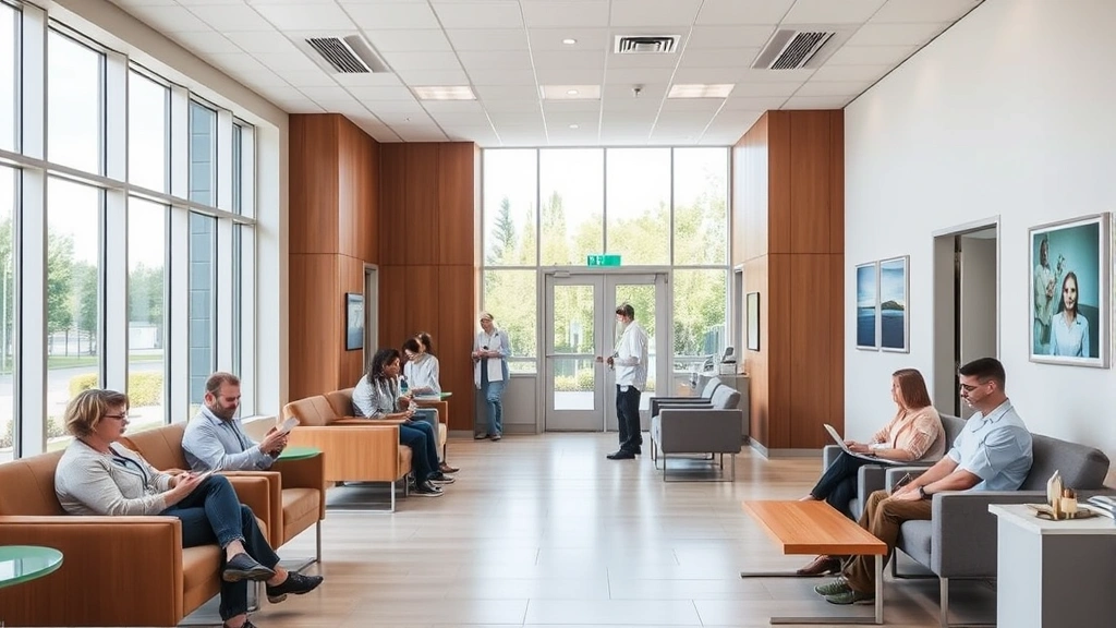 Modern healthcare facility with bright, welcoming reception area, comfortable seating, natural lighting, diverse patients and staff, clean contemporary design, calm atmosphere