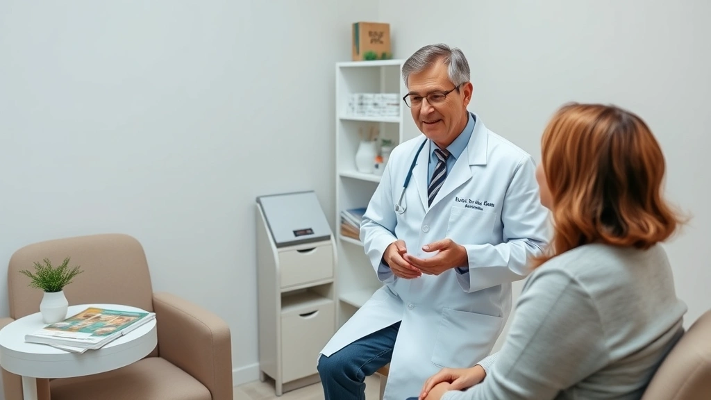 Board-certified physician in white coat consulting with patient in comfortable examination room, attentive listening, patient education materials visible, warm professional environment