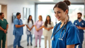 Professional nurse in scrubs checking patient vitals with stethoscope in modern hospital room, compassionate expression, natural daylight, diverse healthcare team visible in background