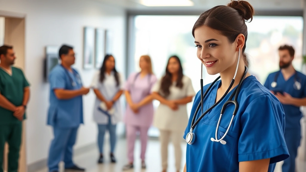 Professional nurse in scrubs checking patient vitals with stethoscope in modern hospital room, compassionate expression, natural daylight, diverse healthcare team visible in background