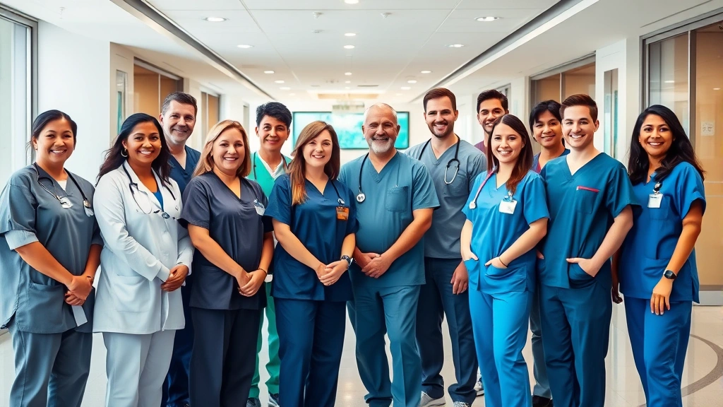 Diverse group of healthcare professionals in scrubs and uniforms standing together in hospital lobby, smiling, representing clinical and support staff, modern medical facility interior, professional and welcoming atmosphere