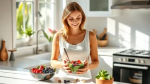Serene morning scene: woman in bright kitchen preparing colorful smoothie bowl with fresh berries, leafy greens, and nuts, natural sunlight streaming through windows, minimalist modern aesthetic