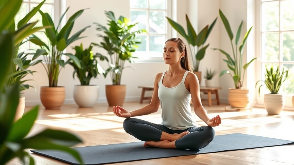 Peaceful meditation moment: person sitting cross-legged on yoga mat in bright, plant-filled room, morning light filtering through windows, calm focused expression, wellness sanctuary environment