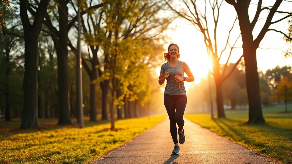 Active lifestyle snapshot: woman jogging through tree-lined park path during golden hour, natural surroundings, healthy athletic wear, joyful movement expression, outdoor wellness moment