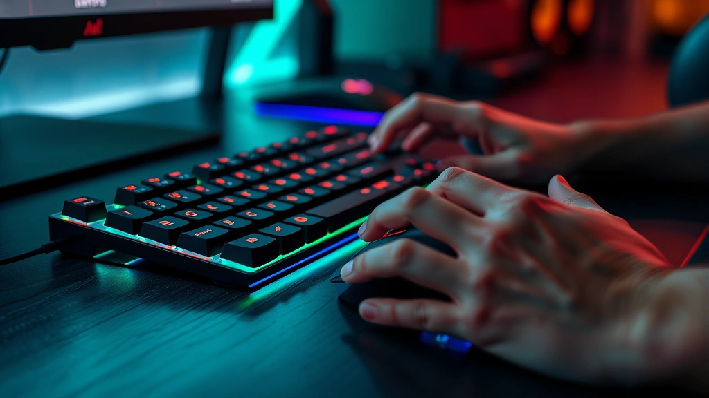 Close-up of gaming keyboard and mouse on desk with RGB lighting, showing player's hands positioned ready for intense rhythm game session, competitive gaming setup atmosphere