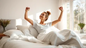 Woman waking up refreshed in bright bedroom with sunlight streaming through windows, stretching happily in white linens, peaceful morning expression, modern minimalist bedroom decor