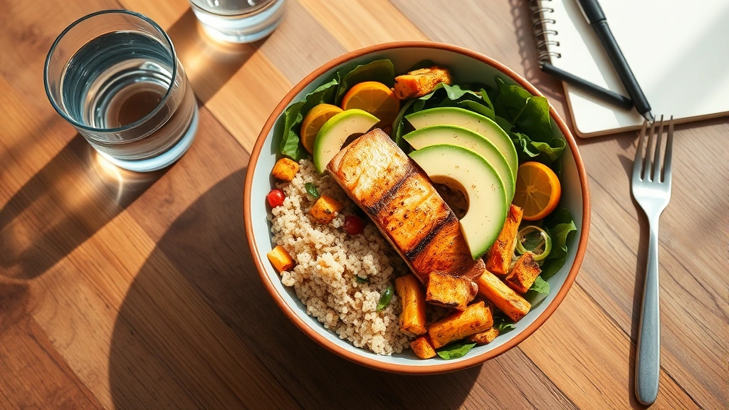 Colorful healthy meal bowl with quinoa, roasted vegetables, grilled salmon, avocado, and leafy greens on wooden table with water glass and notebook, natural daylight