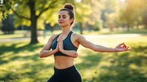 Woman in athletic wear doing yoga outdoors in morning sunlight, serene park setting, peaceful expression, wellness focused lifestyle photography