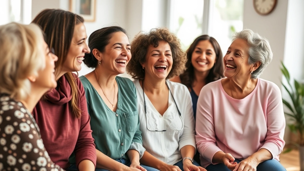 Diverse women of different ages laughing together in community wellness setting, supportive atmosphere, natural lighting, genuine connection and friendship