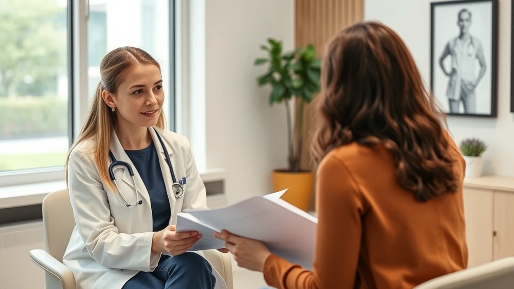 Woman at healthcare consultation with female doctor, modern medical office, reviewing health documents, empowered patient discussion, professional warm environment
