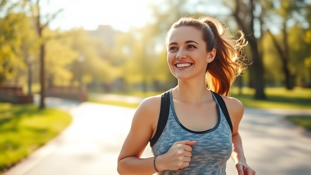 Woman smiling during morning jog in sunny park wearing athletic wear, fresh natural lighting, candid lifestyle photography showing energy and wellness