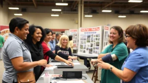 Diverse group of Wyoming residents at a community health fair, smiling while getting blood pressure checked at a professional medical station, bright indoor venue with health booth displays visible in background