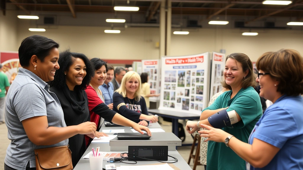 Diverse group of Wyoming residents at a community health fair, smiling while getting blood pressure checked at a professional medical station, bright indoor venue with health booth displays visible in background