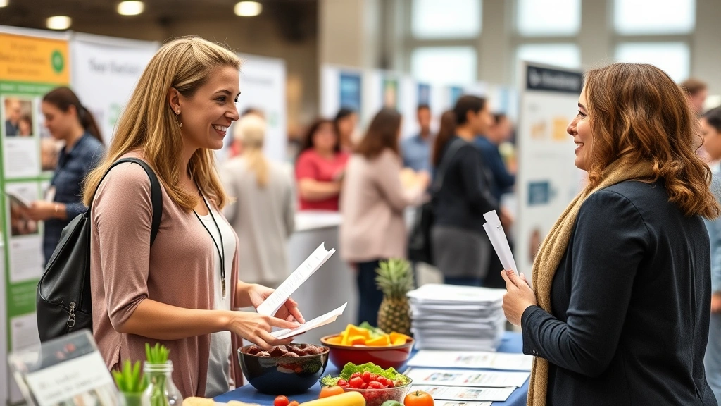 Female registered dietitian consulting with an adult woman about nutrition at a health fair vendor booth, warm professional interaction, educational materials and healthy food models visible on table