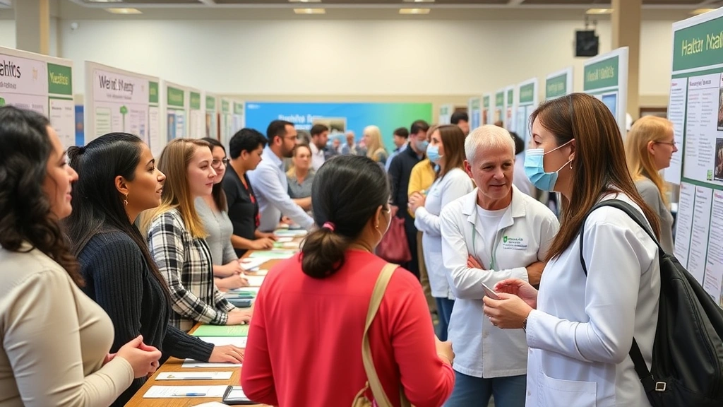Energetic health fair scene showing multiple screening stations, people of various ages participating, mental health professional speaking with attendee, vibrant community wellness atmosphere with informational posters