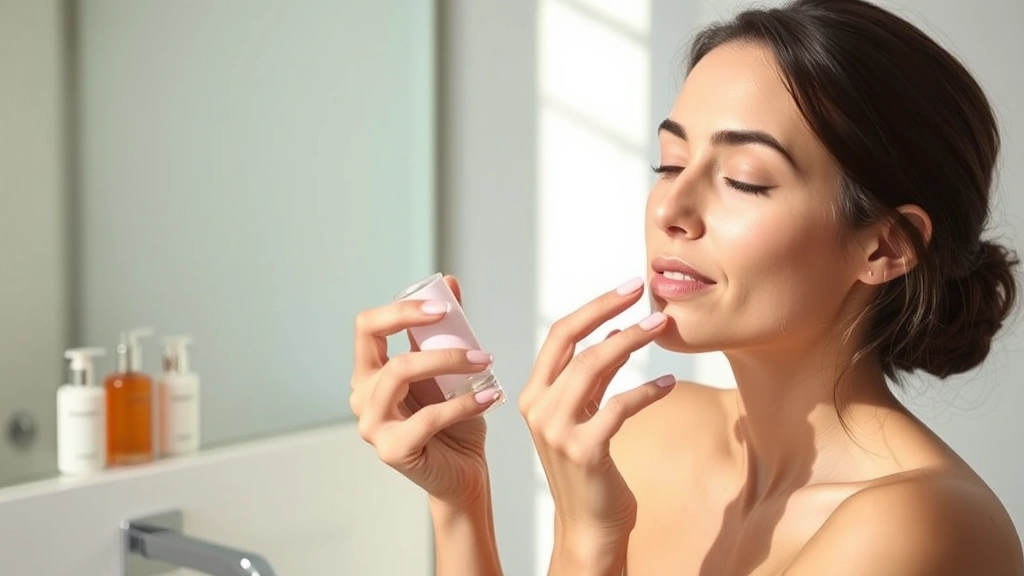 Woman applying serum to glowing skin in minimalist bathroom, natural morning light, serene expression, luxury skincare bottles visible