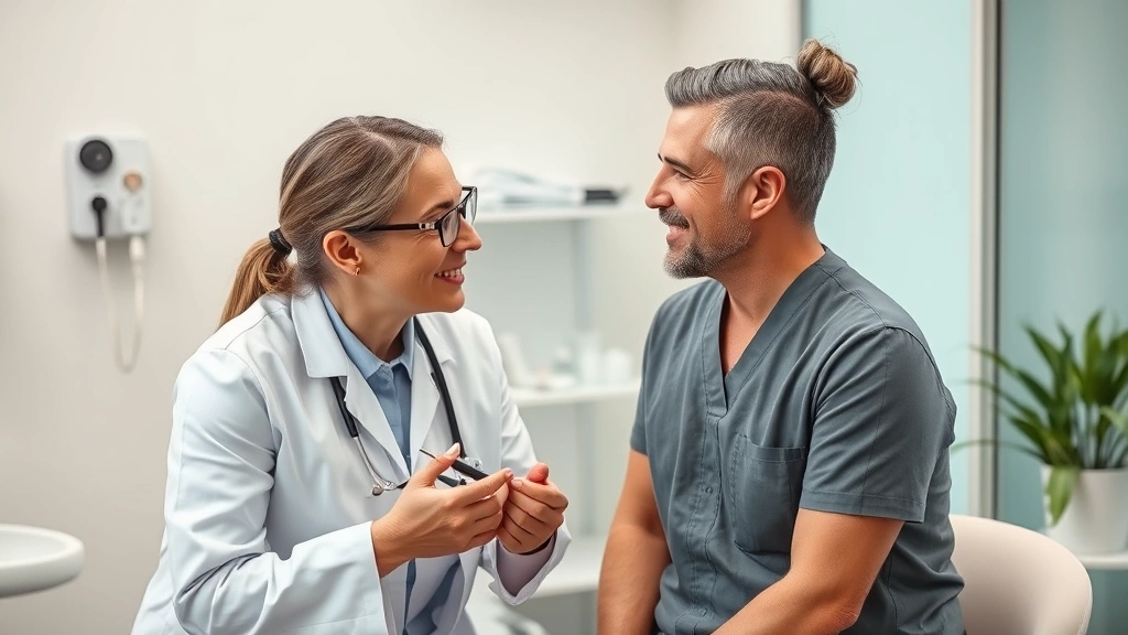 Dermatologist consulting with patient about skin concerns, clinical setting, examining face with professional tools, reassuring conversation