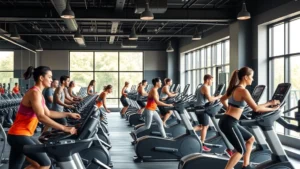 Modern gym facility with diverse members using cardio equipment and free weights, bright natural lighting, contemporary design with motivational atmosphere