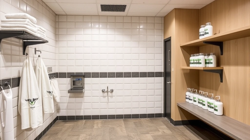Comfortable gym locker room and amenities area with clean facilities, modern fixtures, towel service, and wellness products displayed on shelves
