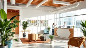 Modern wellness center interior with bright natural lighting, comfortable seating areas, plants, and welcoming reception desk with diverse healthcare professionals in background
