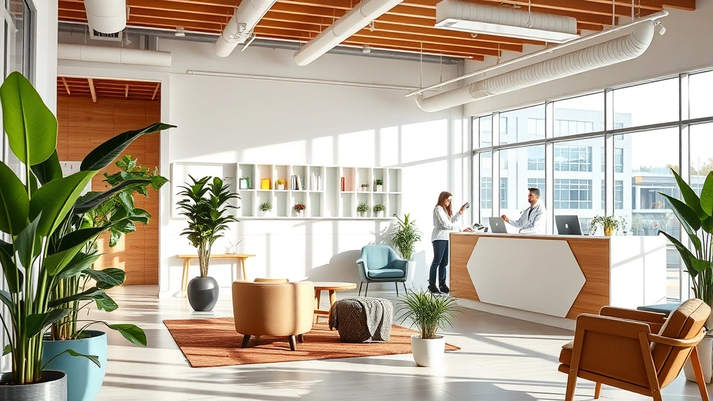 Modern wellness center interior with bright natural lighting, comfortable seating areas, plants, and welcoming reception desk with diverse healthcare professionals in background