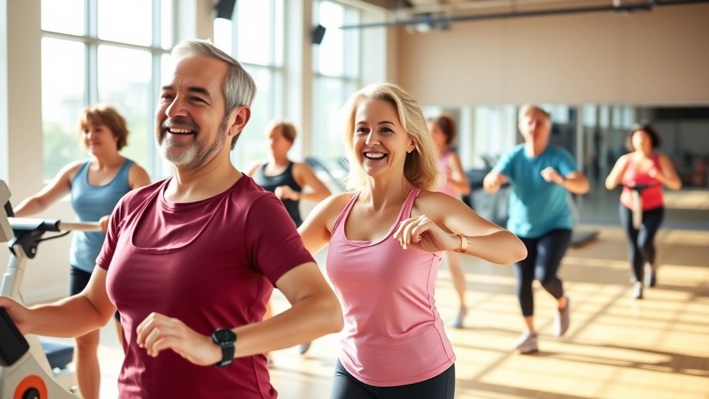 Active adults exercising together in bright gym facility with modern equipment, natural light streaming through large windows, smiling faces showing joy and community connection